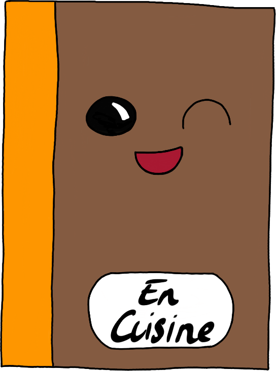 Illustration d'un livre au visage souriant, portant l'inscription « En Cuisine ».